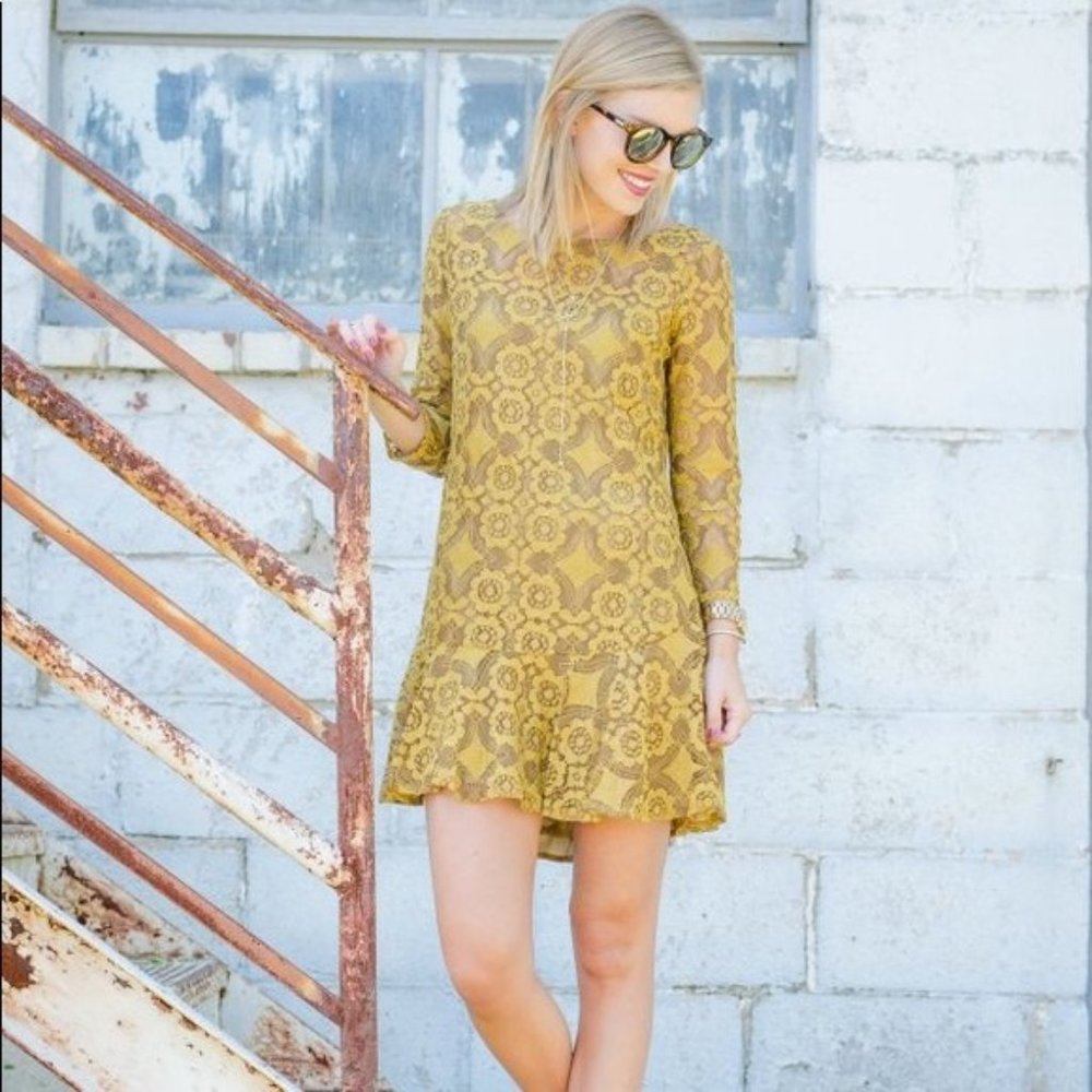 Free People Walking To The Sun Dandelion Mustard Yellow Lace Mini Tunic Dress